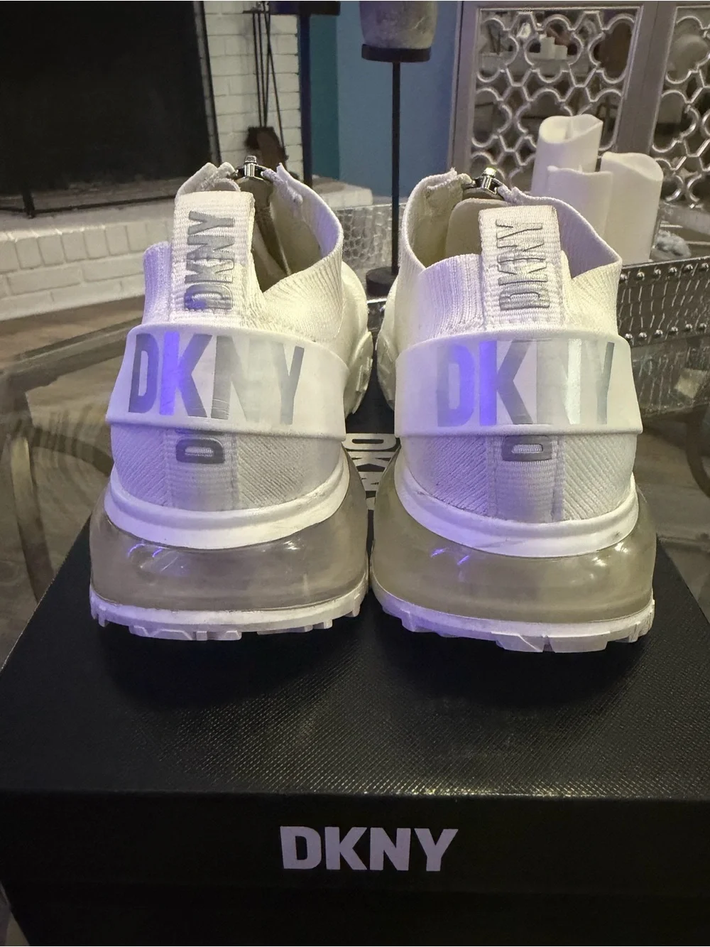 DKNY White Front-Zip Knit Slip-On Sneakers